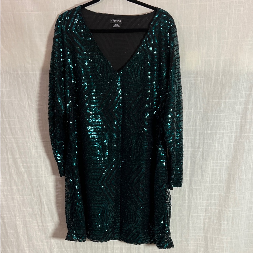 City Chic Green/Teal Sequin Long Sleeve Dress